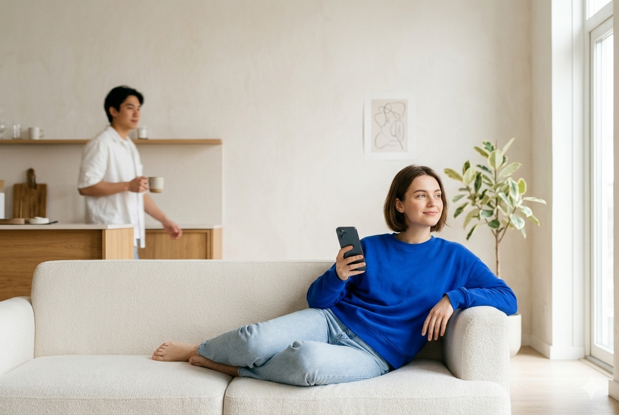 A student working through the course on her phone at home.