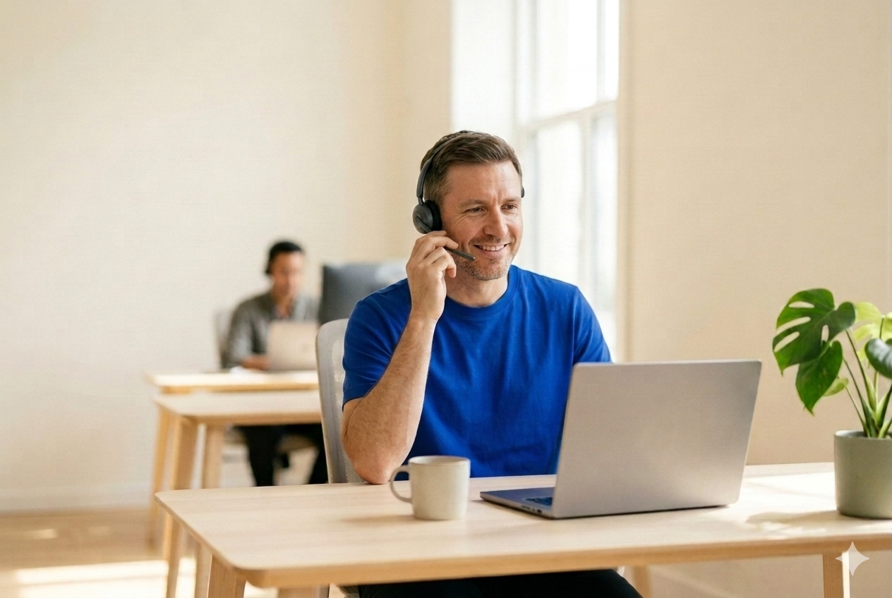A support team member at his desk wearing a headset.